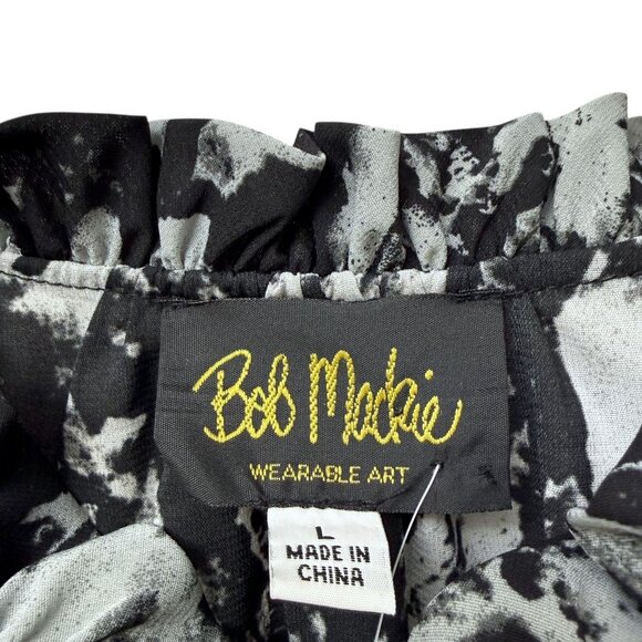 BOB MACKIE Blouse Large Black Artsy Print Tie Neck Long Sleeve Womens Top NWT - Picture 4 of 11